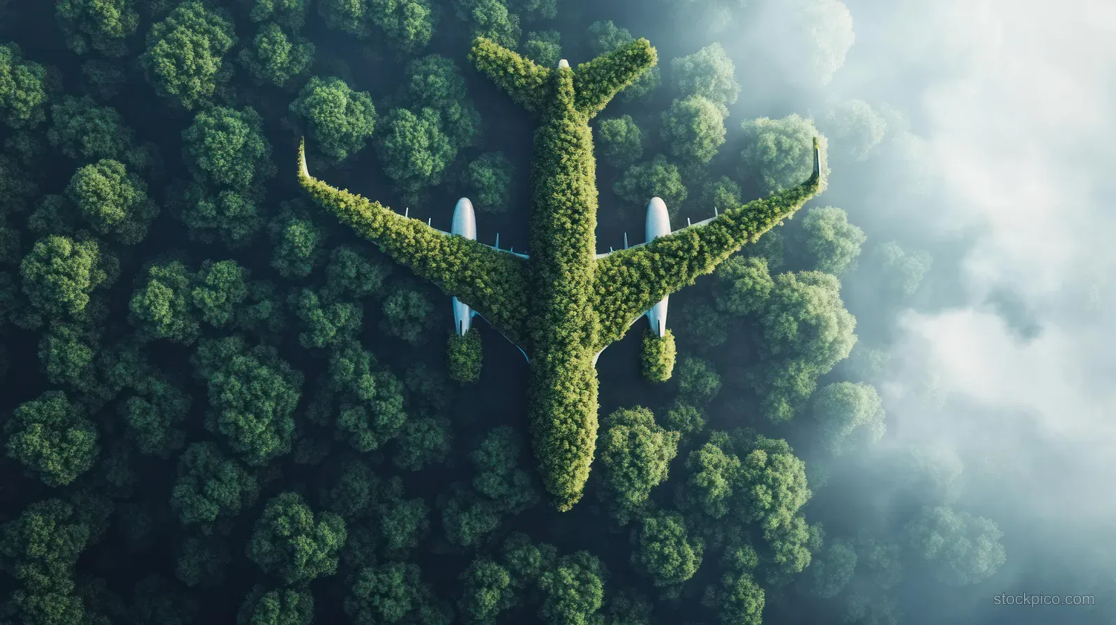 A tree-constructed airplane silhouette with leaf wings floats against a cloudy, misty sky.