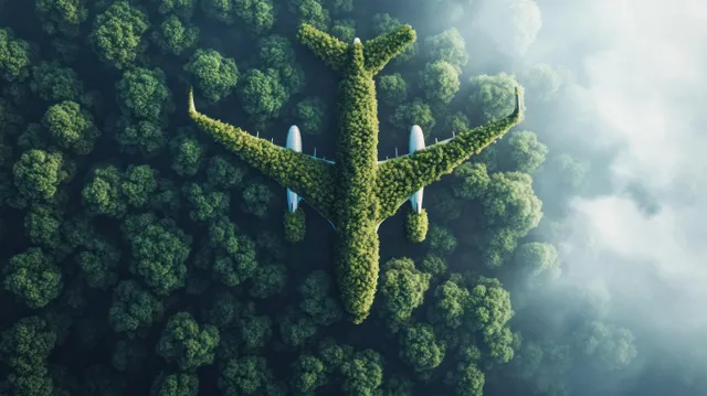 Tree-made airplane concept soaring through cloudy sky with moss and leaf wings