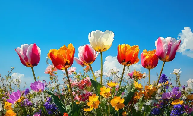 Colorful Tulips and Wildflowers Blooming Beneath a Clear Blue Spring Sky