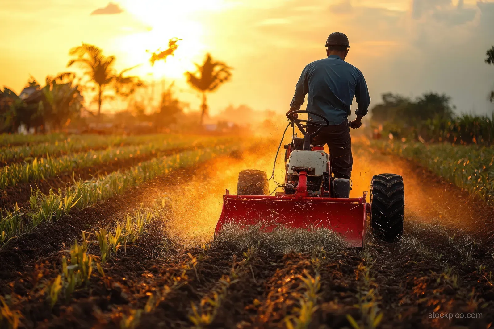 A farmer drives a tractor tilling soil in a crop field during golden sunset.