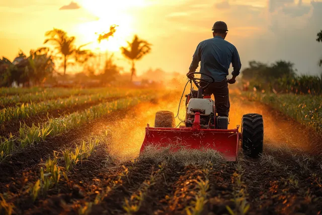 Farmer driving a tractor tilling soil at golden sunset across crop rows