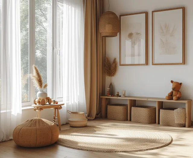 Scandinavian nursery corner with framed wall prints, a toy display shelf, and soft natural light through sheer curtains.