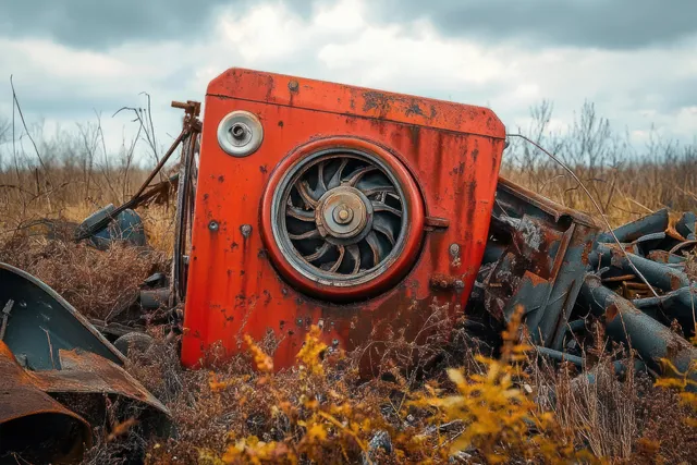 Rusty orange industrial machine with a tilted fan in overgrown field under gray clouds