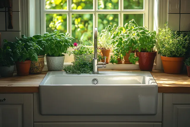 Sunlit farmhouse kitchen sink sits below a window with multiple potted herbs on the sill and wooden cabinetry around it.