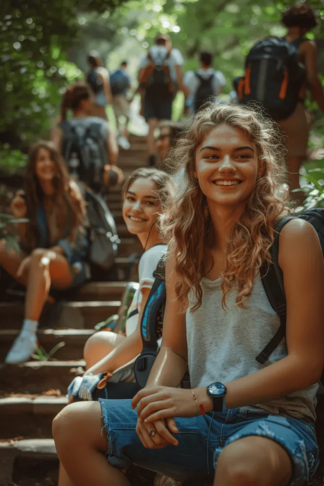 Smiling young woman sits on a park bench as diverse friends talk behind her under leafy trees.