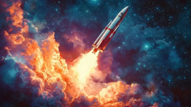 Rocket launching through fiery clouds beneath a star-filled night sky