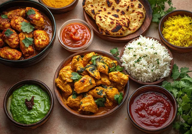 Indian meal spread with curry chicken, rice, flatbread, and chutneys on a rustic tabletop with cilantro.