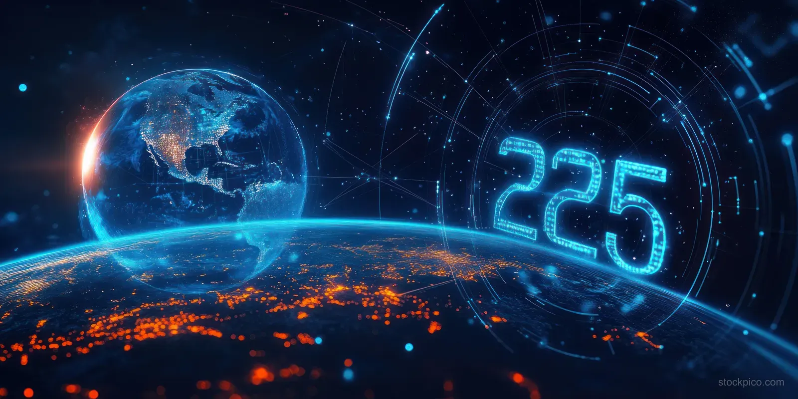 Glowing Earth sits inside blue circular data networks while bright 2025 digits and particles orbit in the background.