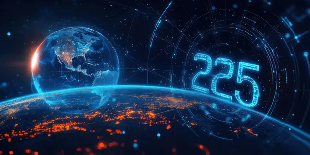 Glowing Earth sits inside blue circular data networks while bright 2025 digits and particles orbit in the background.
