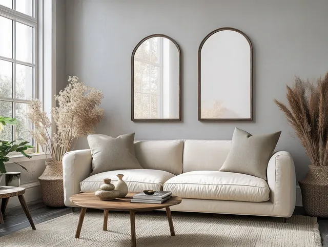 Scandinavian living room scene with white sofa, arched mirrors, and soft natural window light