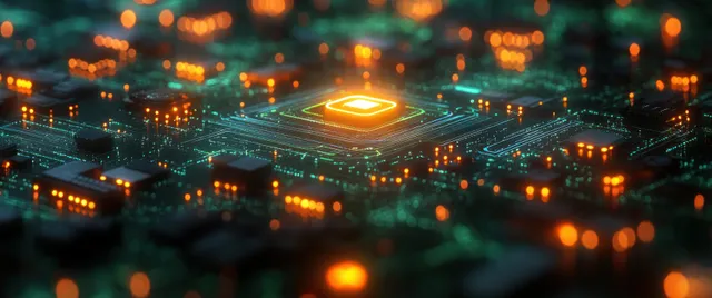 Glowing circuit pathways with scattered orange nodes over a dark blurred data table