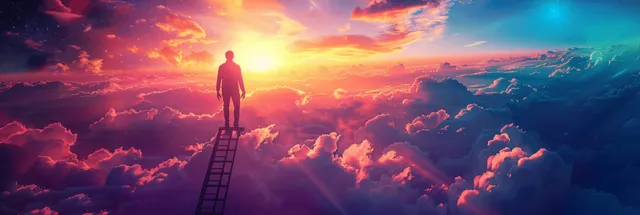 Silhouette person climbing a ladder above a cloud layer during sunrise with glowing sky rays.