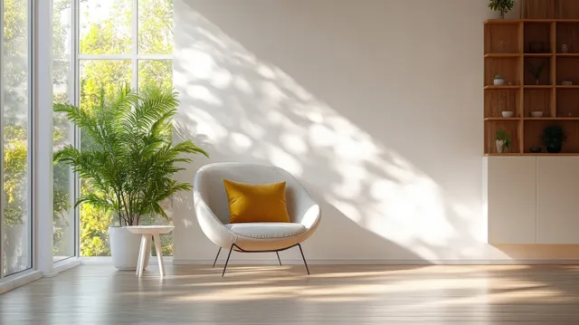Sunlit minimalist living room corner with white chair, yellow cushion, and white side table beside large windows.