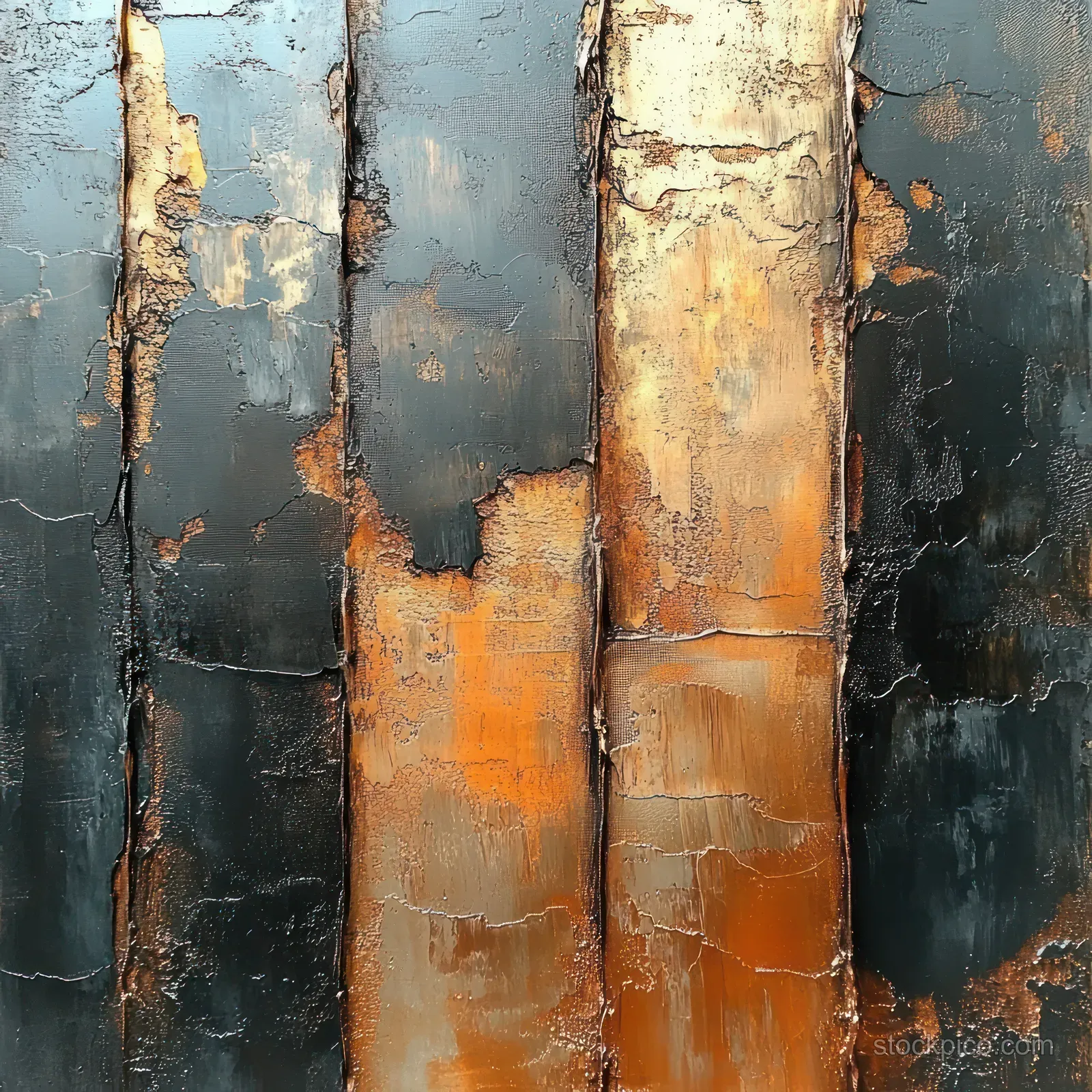 Close-up of rusted metal panels with peeling orange and black paint layers, corrosion, and visible cracks.