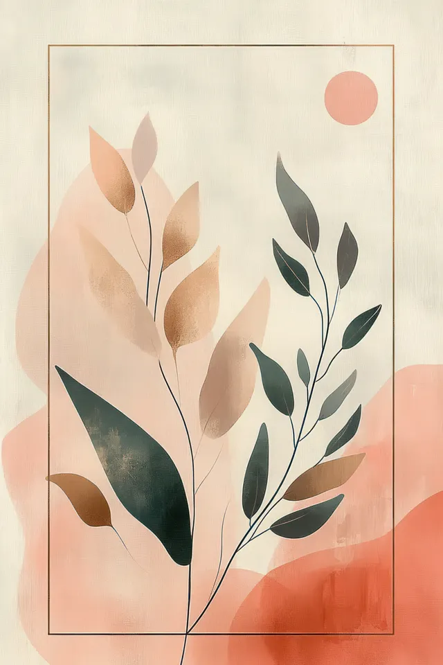 Muted earth-toned botanical leaves on thin stems arranged within a peach background with small circular sun accents.