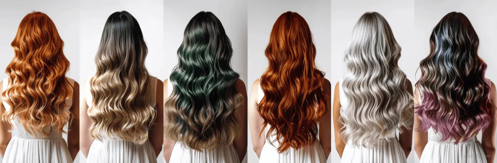 Women with vibrant wavy hairstyles in various colors are displayed from the back against a clean white background.