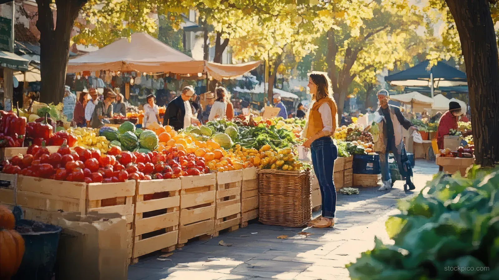 A Hispanic woman selects garlic and pineapple at an outdoor farmers market stall beside multicultural vendors.