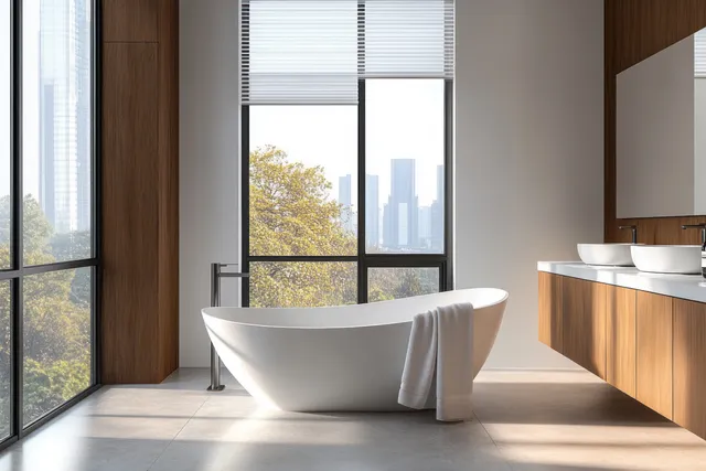 White freestanding bathtub in a minimalist Scandinavian bathroom beside large windows and a warm wood vanity.