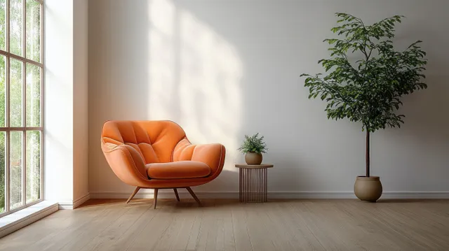Orange armchair sits on a wooden floor in a bright Scandinavian living room beside a potted plant and window light.