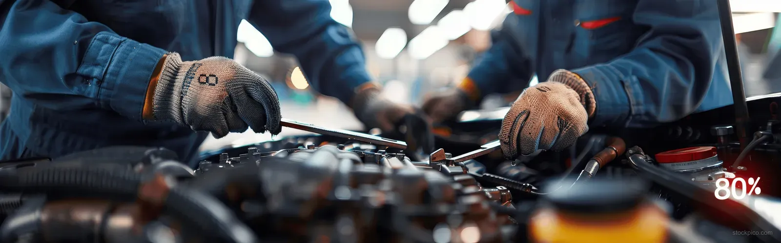 Mechanic tightening a wrench on an open car engine in a garage repair bay.