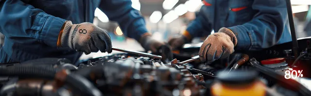 Mechanic tightening a wrench under an open car hood during engine repair in a garage