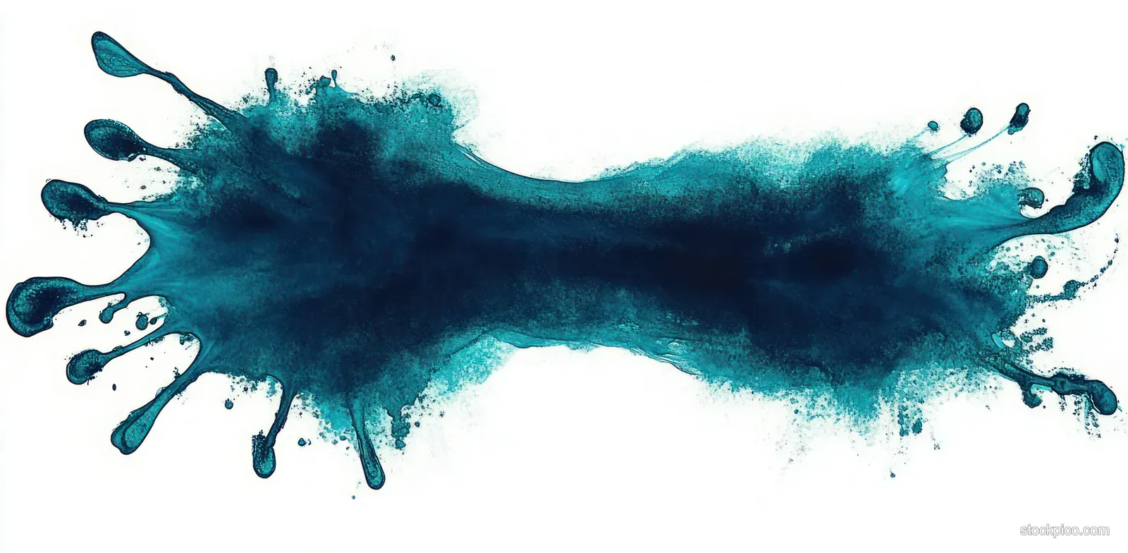 Deep blue ink splash stretching horizontally with scattered droplets on a white background.