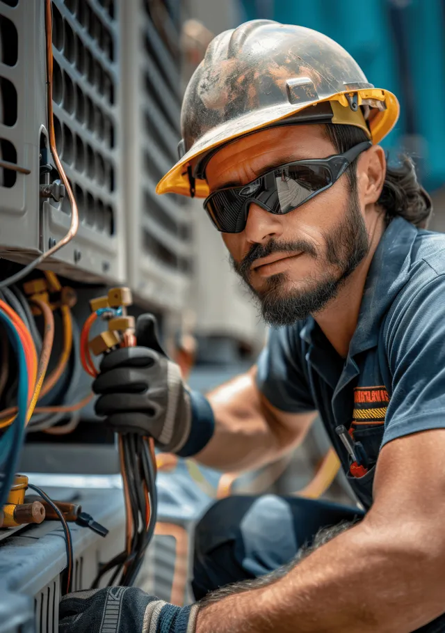 HVAC technician wearing a hard hat and goggles inspects wiring inside an outdoor air conditioner unit.