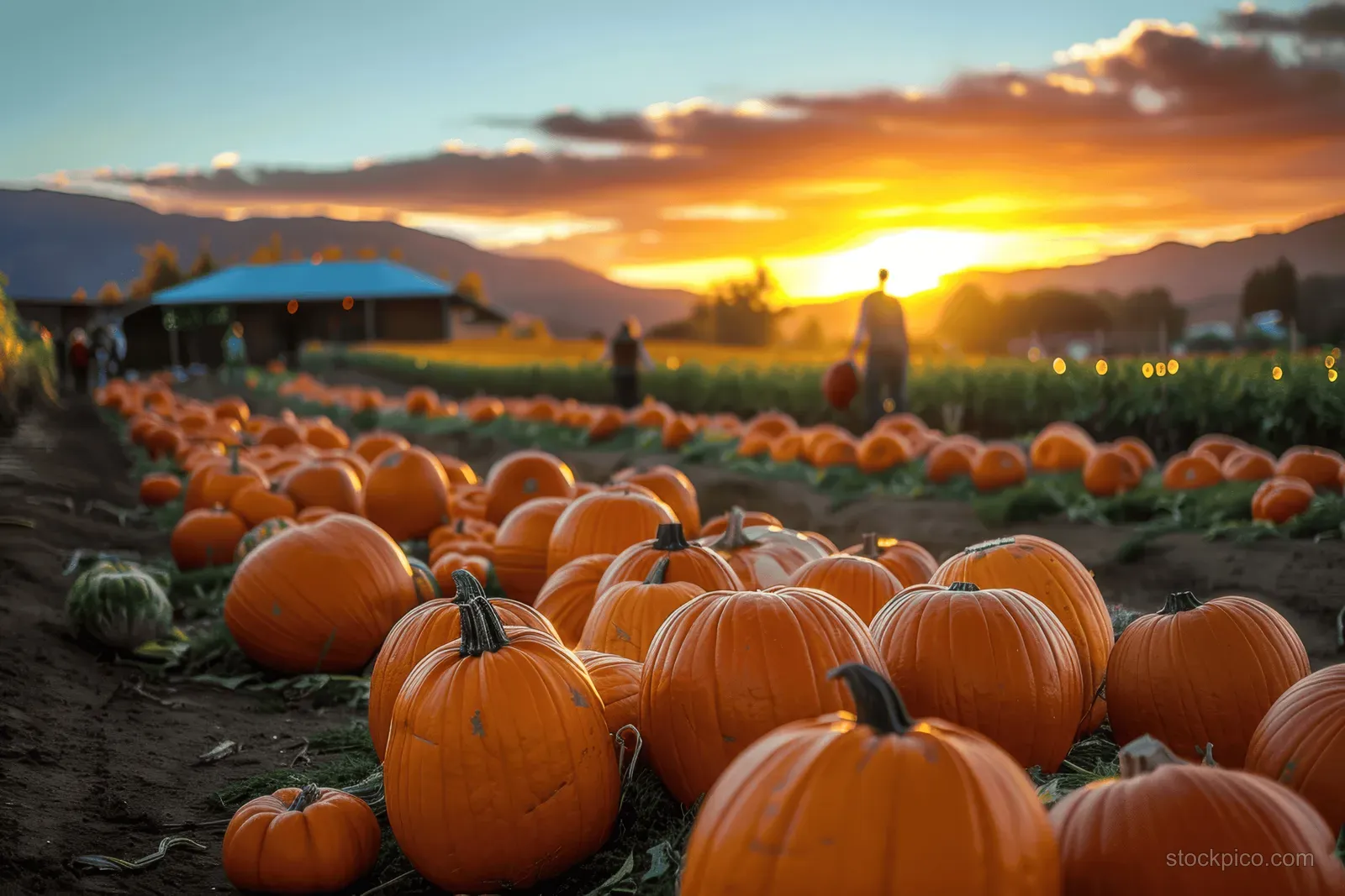 Orange pumpkins fill the foreground while visitors walk past a blue tent at a farm sunset.