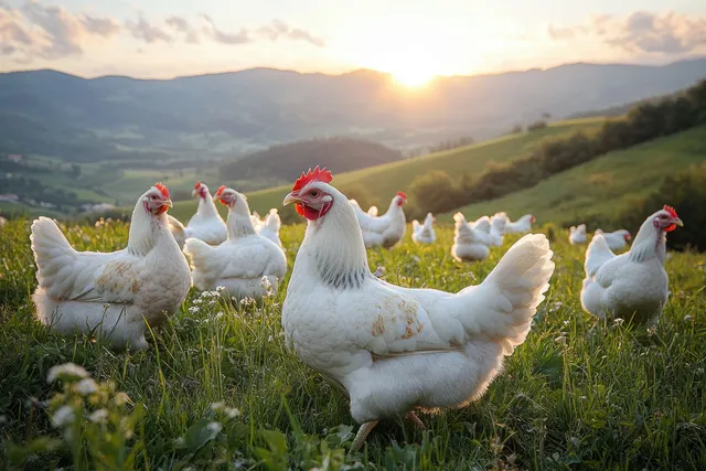 White chickens roam and forage in a green meadow at sunset with rolling hills and a soft glowing sky behind.