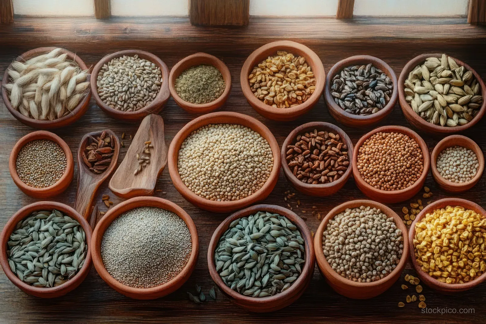 Assorted dry seeds and grains sit in terracotta bowls on a wooden table under warm natural light.