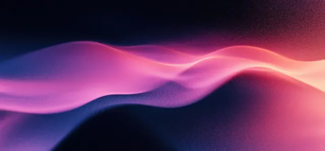 Purple and pink glowing gradient waves swirl across a dark background with subtle grain texture.