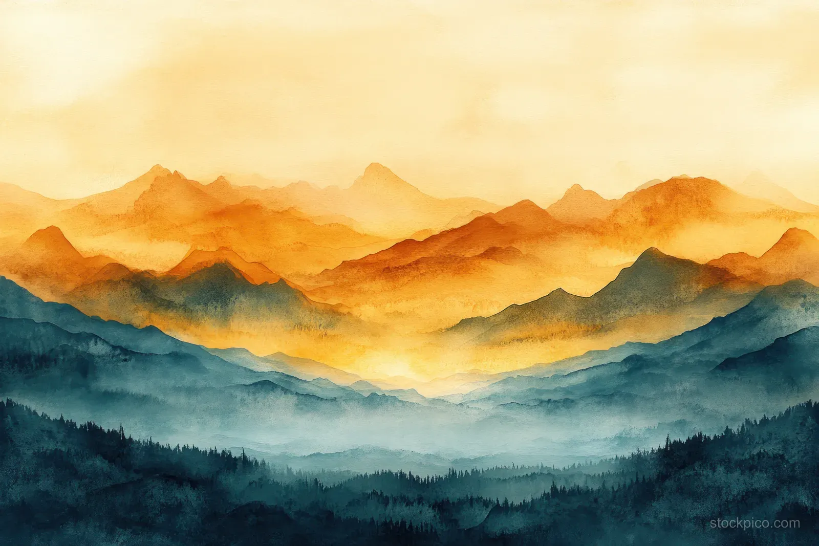 Watercolor mountains fade into mist under warm golden sunrise light across layered valleys.