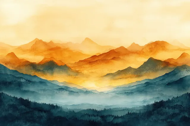 Layered watercolor mountains at sunrise with misty valleys and soft golden haze
