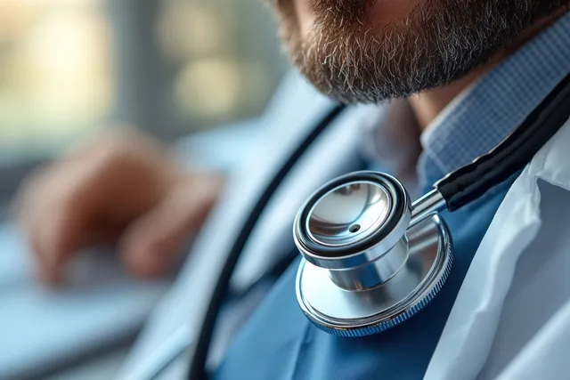Stethoscope lies on a blue folder while a doctor writes clinical notes in the background.