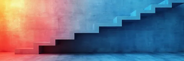 Abstract geometric staircase in blue and warm gradients with soft glow and faint interaction icon motifs.