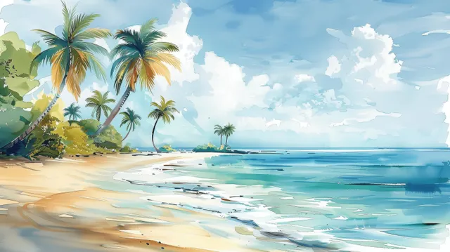 Watercolor tropical beach at sunset with palm silhouettes and gentle waves