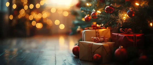 Wrapped Christmas gifts rest near a decorated tree while warm string lights create golden bokeh.