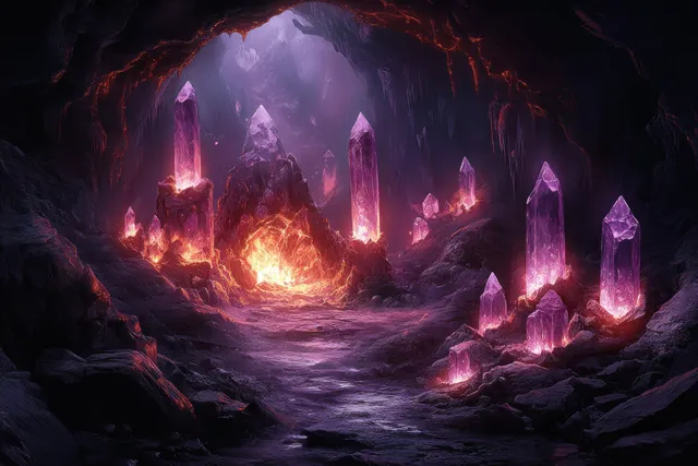 Cristales brillantes morados y naranjas iluminan una cueva oscura con una poza de luz ardiente y formaciones rocosas irregulares.