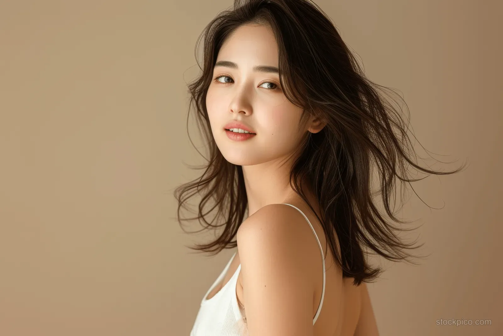 Asian woman with flowing dark hair in a white tank top posing against a warm beige background.