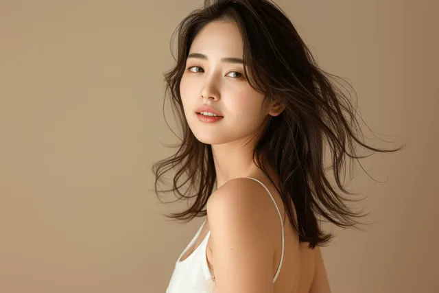 Asian woman with flowing dark hair wearing white tank top against warm beige