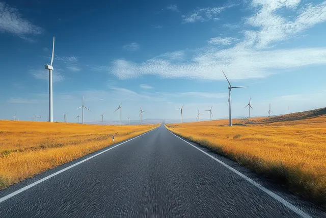 A straight road through a yellow field with wind turbines visible under a bright blue sky.