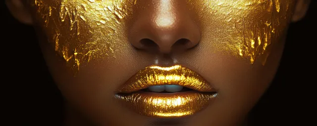 Close-up of a face with gold metallic paint on lips and cheeks, glossy shine under studio light.
