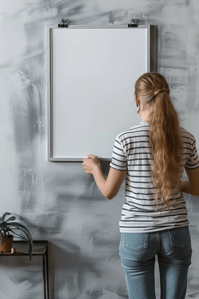 Young woman holds an empty vertical picture frame on a minimalist wall inside a modern living room.