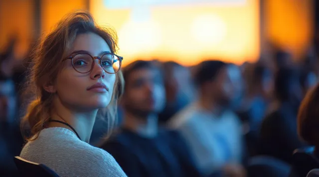 Entrepreneur audience member listening during corporate workshop keynote, warm stage lights