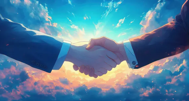 Two people in business suits shake hands against a colorful sunset sky with clouds in the background.
