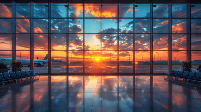 Airport terminal lounge with blue chairs and airplane view through sunset windows with Passenger Waiting Areas