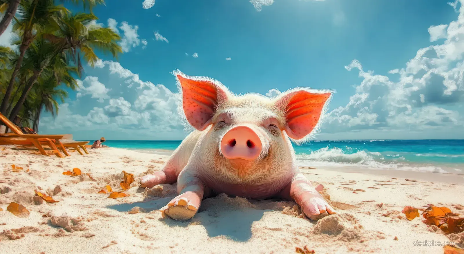 A piglet wearing sunglasses lounges on sandy beach under palm trees with ocean waves in the background.