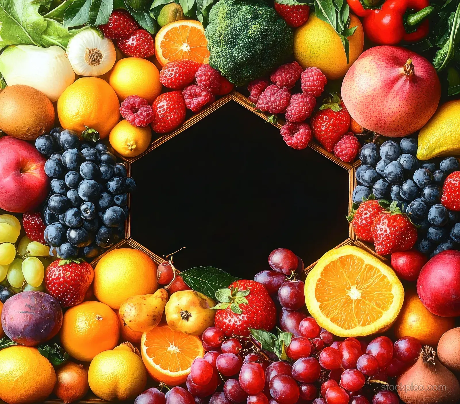 Fresh fruits and vegetables arranged in a hexagonal frame around a black empty center.