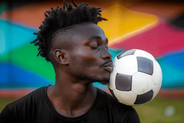 Young man balancing a soccer ball on his cheek in front of a vibrant colorful mural outdoors.