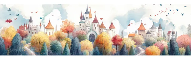 Pastel castle towers and colorful houses sit among autumn trees in a watercolor fairy tale village under cloudy skies.